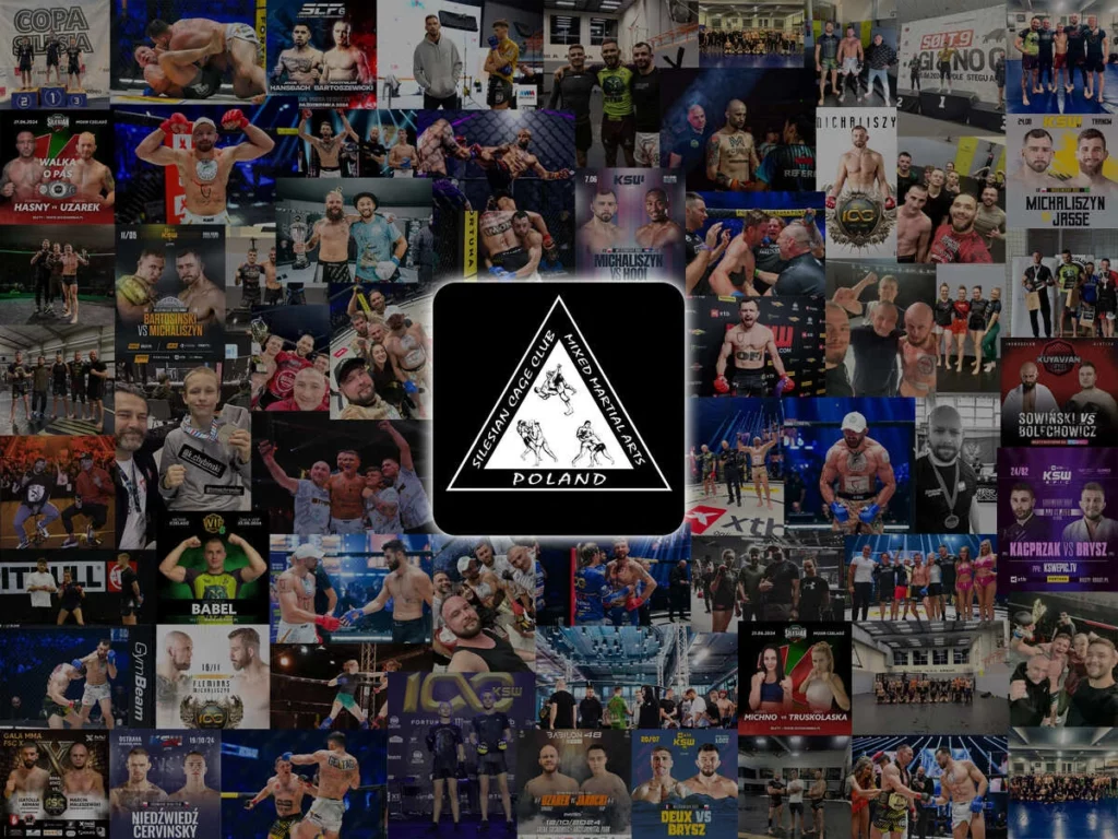 Kolaż zdjęć zawodników i wydarzeń z udziałem Silesian Cage Club w 2024 roku – gale MMA, sukcesy, treningi i osiągnięcia